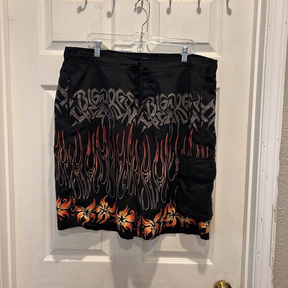 Vintage Y2k Big Dog Mens Board Shorts‎ Flames Black Size Large Baggy - Picture 1 of 10